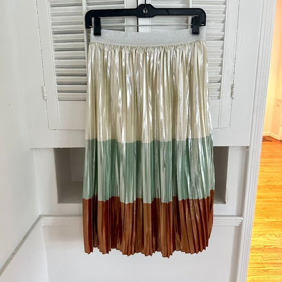 LIQUORISH Shiny Metallic Silver/Teal/Copper Pleated Midi Skirt, Size Small - Picture 1 of 7